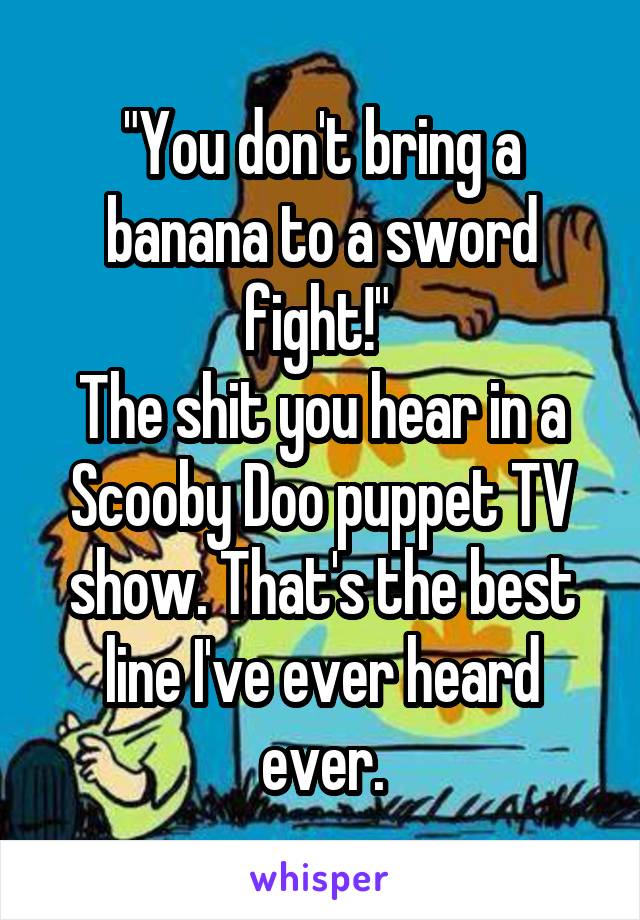 "You don't bring a banana to a sword fight!" 
The shit you hear in a Scooby Doo puppet TV show. That's the best line I've ever heard ever.