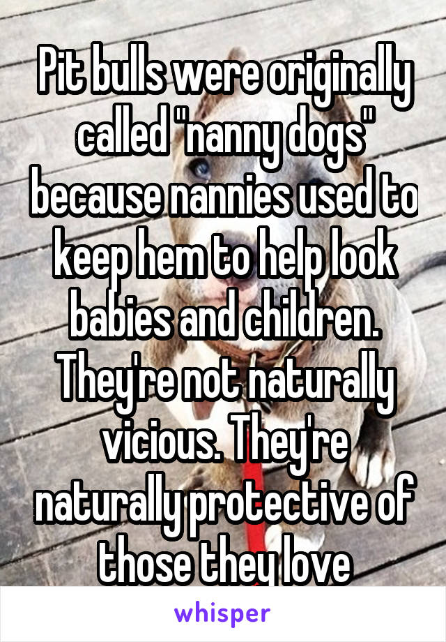 Pit bulls were originally called "nanny dogs" because nannies used to keep hem to help look babies and children. They're not naturally vicious. They're naturally protective of those they love