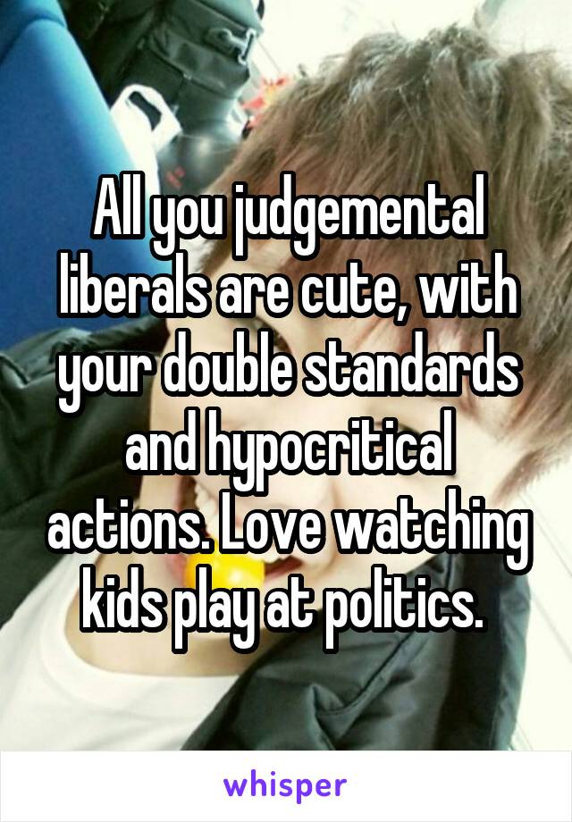 All you judgemental liberals are cute, with your double standards and hypocritical actions. Love watching kids play at politics. 