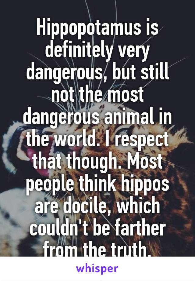 Hippopotamus is definitely very dangerous, but still not the most dangerous animal in the world. I respect that though. Most people think hippos are docile, which couldn't be farther from the truth.