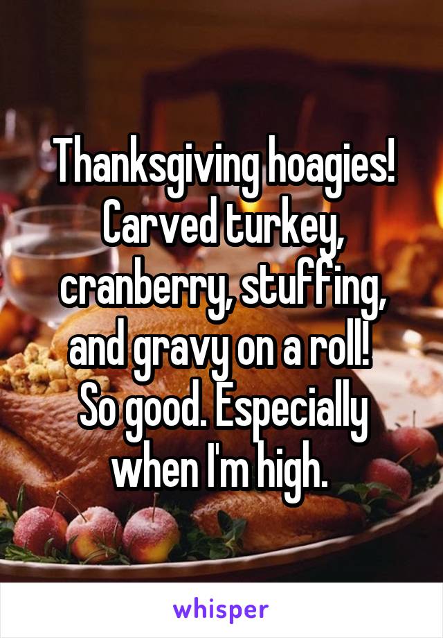 Thanksgiving hoagies! Carved turkey, cranberry, stuffing, and gravy on a roll! 
So good. Especially when I'm high. 
