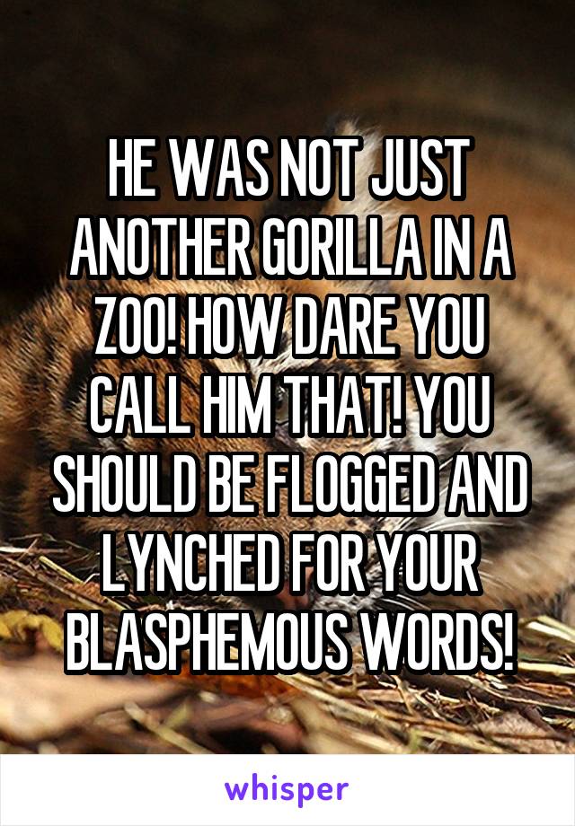 HE WAS NOT JUST ANOTHER GORILLA IN A ZOO! HOW DARE YOU CALL HIM THAT! YOU SHOULD BE FLOGGED AND LYNCHED FOR YOUR BLASPHEMOUS WORDS!