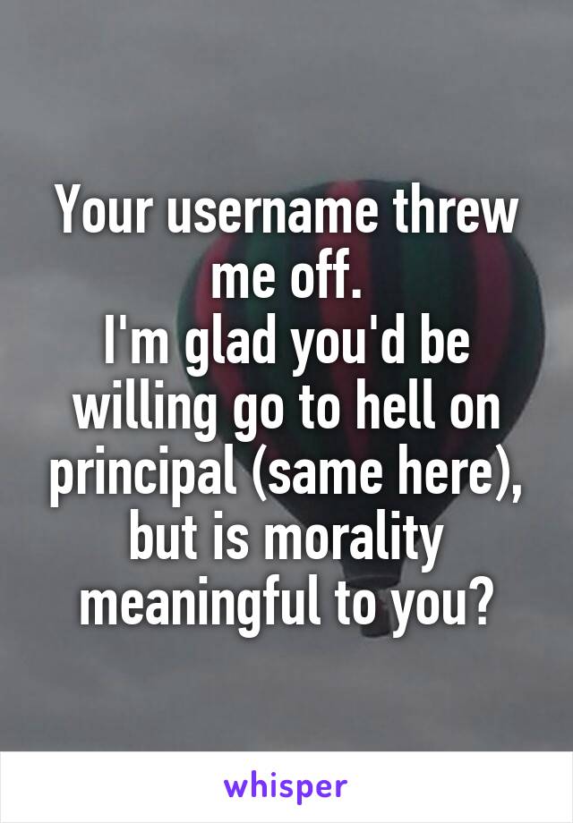 Your username threw me off.
I'm glad you'd be willing go to hell on principal (same here), but is morality meaningful to you?