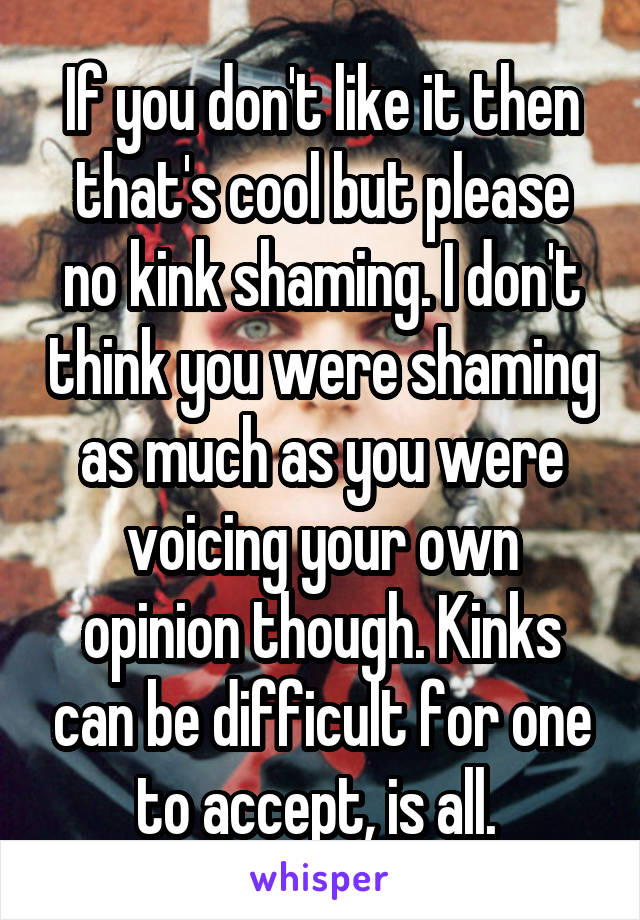 If you don't like it then that's cool but please no kink shaming. I don't think you were shaming as much as you were voicing your own opinion though. Kinks can be difficult for one to accept, is all. 