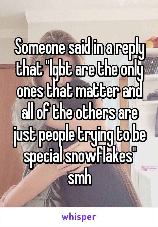 Someone said in a reply that "lgbt are the only ones that matter and all of the others are just people trying to be special snowflakes" smh