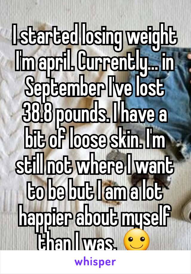 I started losing weight I'm april. Currently... in September I've lost 38.8 pounds. I have a bit of loose skin. I'm still not where I want to be but I am a lot happier about myself than I was. ☺