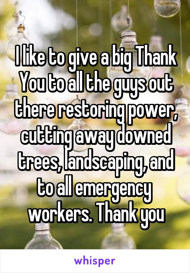 I like to give a big Thank You to all the guys out there restoring power, cutting away downed trees, landscaping, and to all emergency  workers. Thank you