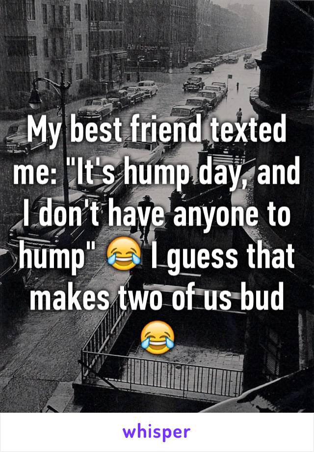 My best friend texted me: "It's hump day, and I don't have anyone to hump" 😂 I guess that makes two of us bud 😂