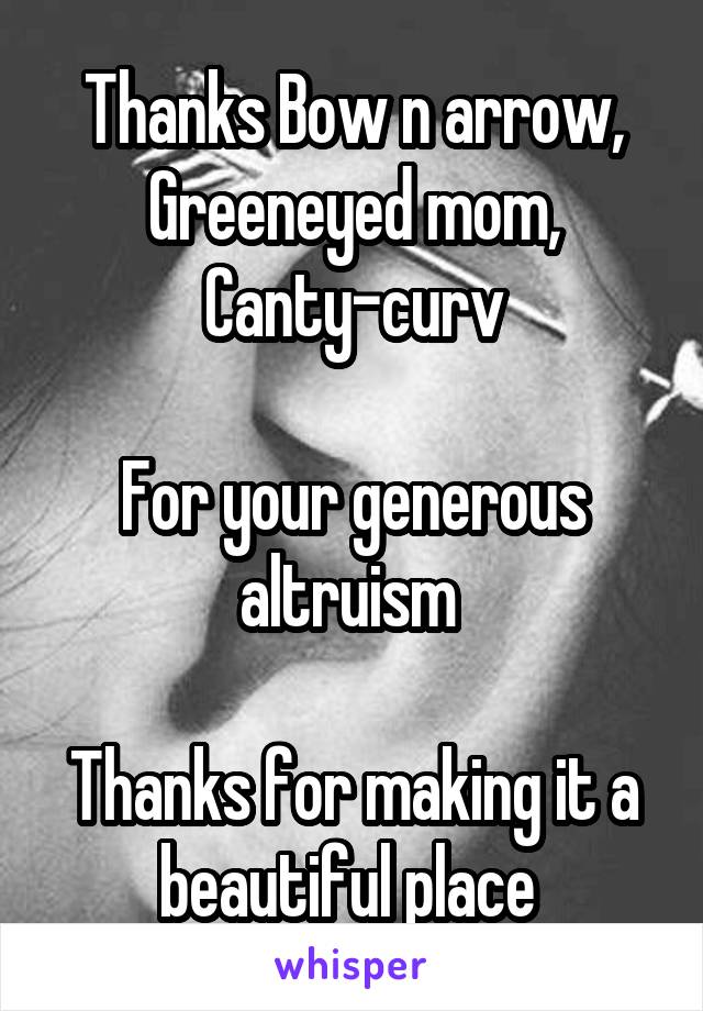 Thanks Bow n arrow,
Greeneyed mom,
Canty-curv

For your generous altruism 

Thanks for making it a beautiful place 