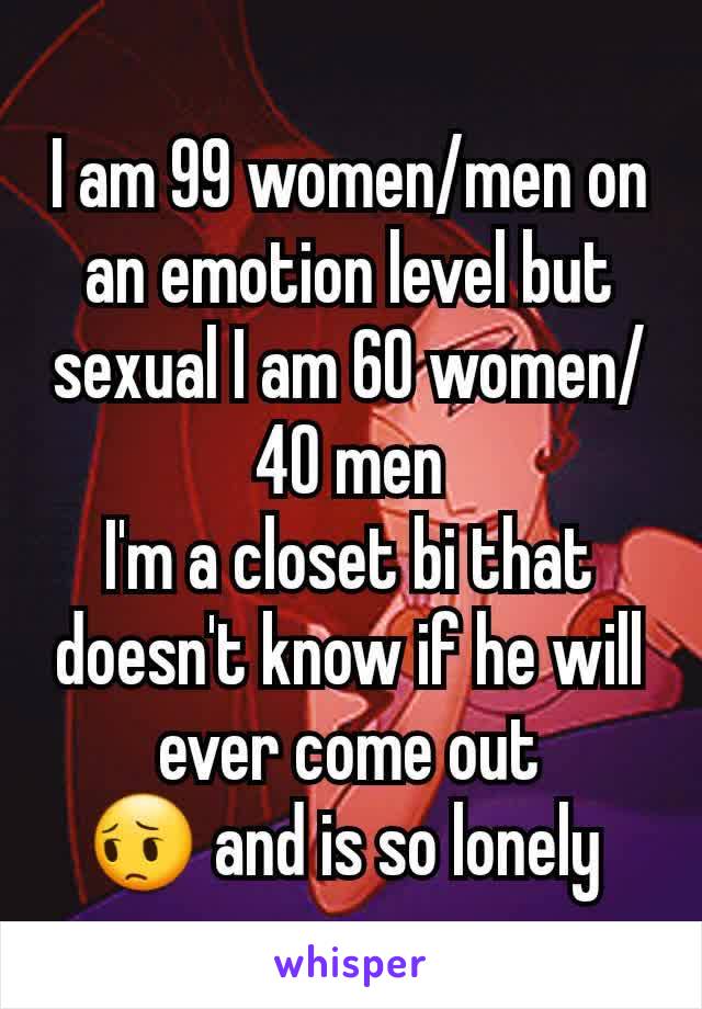 I am 99 women/men on an emotion level but sexual I am 60 women/40 men
I'm a closet bi that doesn't know if he will ever come out
😔 and is so lonely 