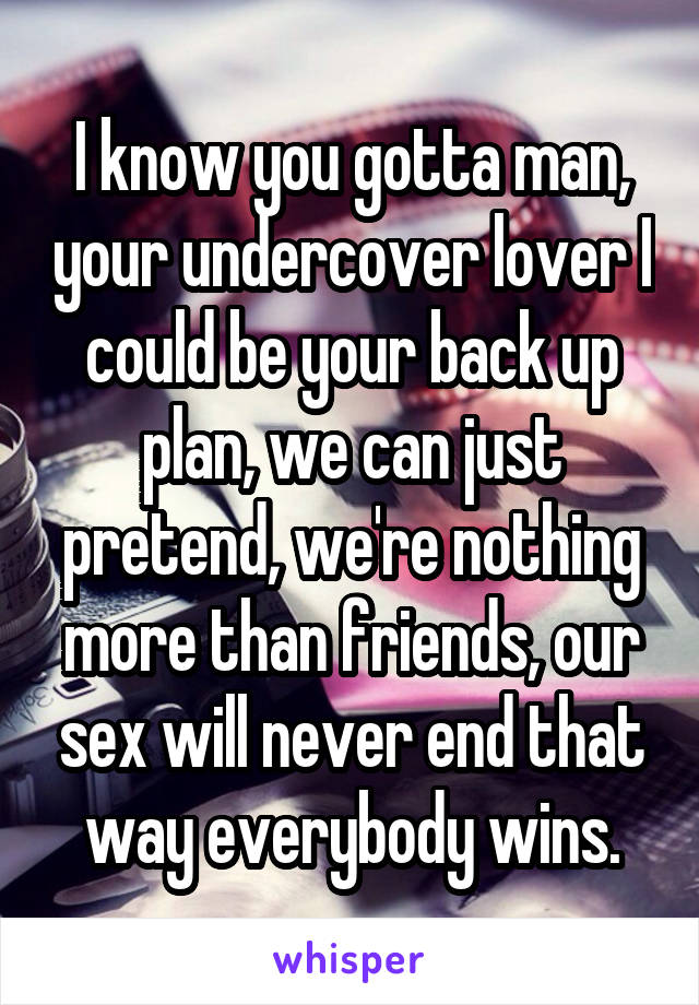 I know you gotta man, your undercover lover I could be your back up plan, we can just pretend, we're nothing more than friends, our sex will never end that way everybody wins.