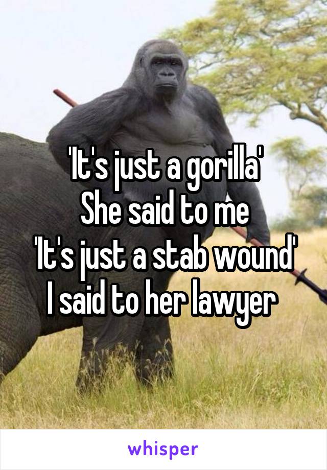 'It's just a gorilla'
She said to me
'It's just a stab wound'
I said to her lawyer 