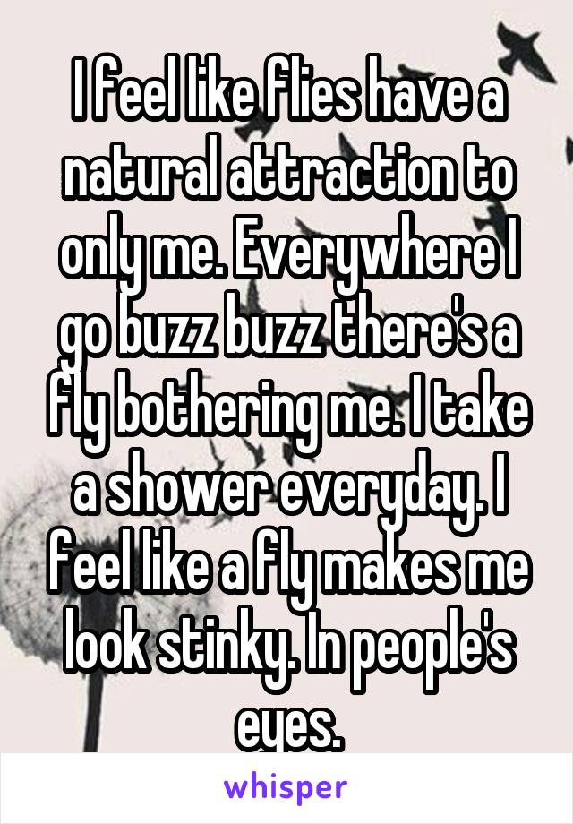 I feel like flies have a natural attraction to only me. Everywhere I go buzz buzz there's a fly bothering me. I take a shower everyday. I feel like a fly makes me look stinky. In people's eyes.