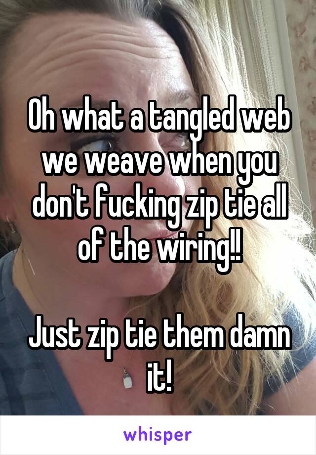 

Oh what a tangled web we weave when you don't fucking zip tie all of the wiring!!

Just zip tie them damn it!
