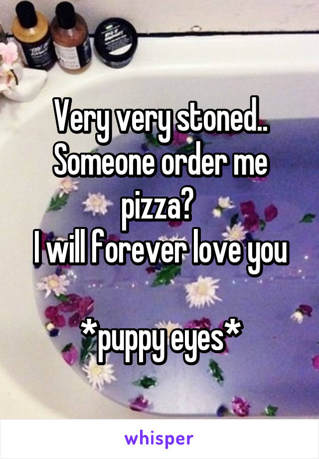 Very very stoned..
Someone order me pizza? 
I will forever love you

*puppy eyes*