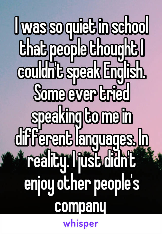 I was so quiet in school that people thought I couldn't speak English. Some ever tried speaking to me in different languages. In reality. I just didn't enjoy other people's company 