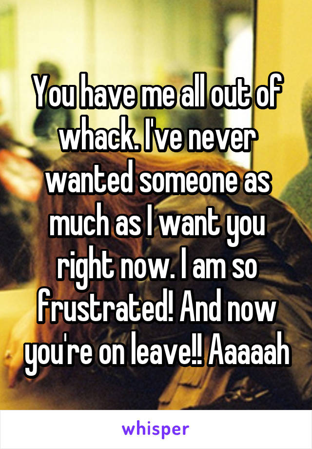 You have me all out of whack. I've never wanted someone as much as I want you right now. I am so frustrated! And now you're on leave!! Aaaaah