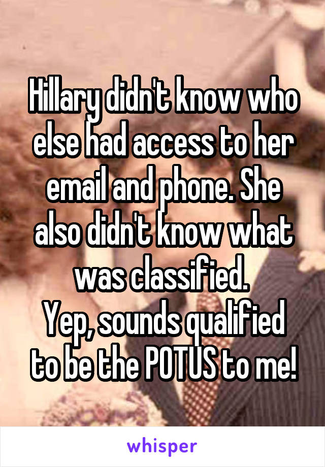 Hillary didn't know who else had access to her email and phone. She also didn't know what was classified. 
Yep, sounds qualified to be the POTUS to me!