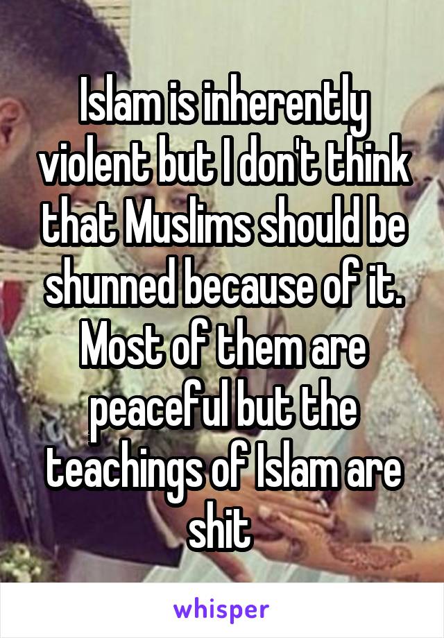 Islam is inherently violent but I don't think that Muslims should be shunned because of it. Most of them are peaceful but the teachings of Islam are shit 