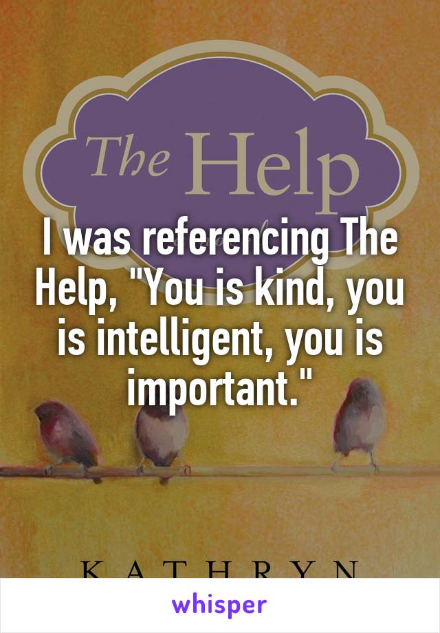 I was referencing The Help, "You is kind, you is intelligent, you is important."