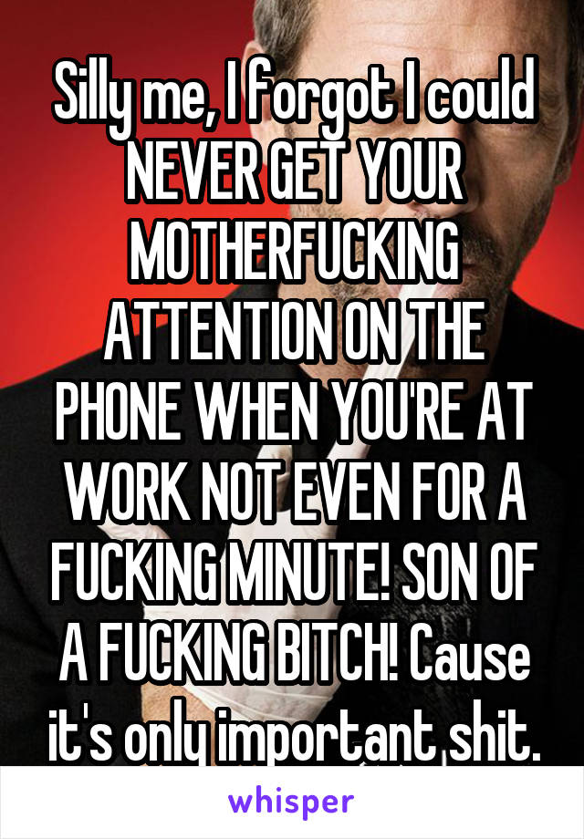 Silly me, I forgot I could NEVER GET YOUR MOTHERFUCKING ATTENTION ON THE PHONE WHEN YOU'RE AT WORK NOT EVEN FOR A FUCKING MINUTE! SON OF A FUCKING BITCH! Cause it's only important shit.