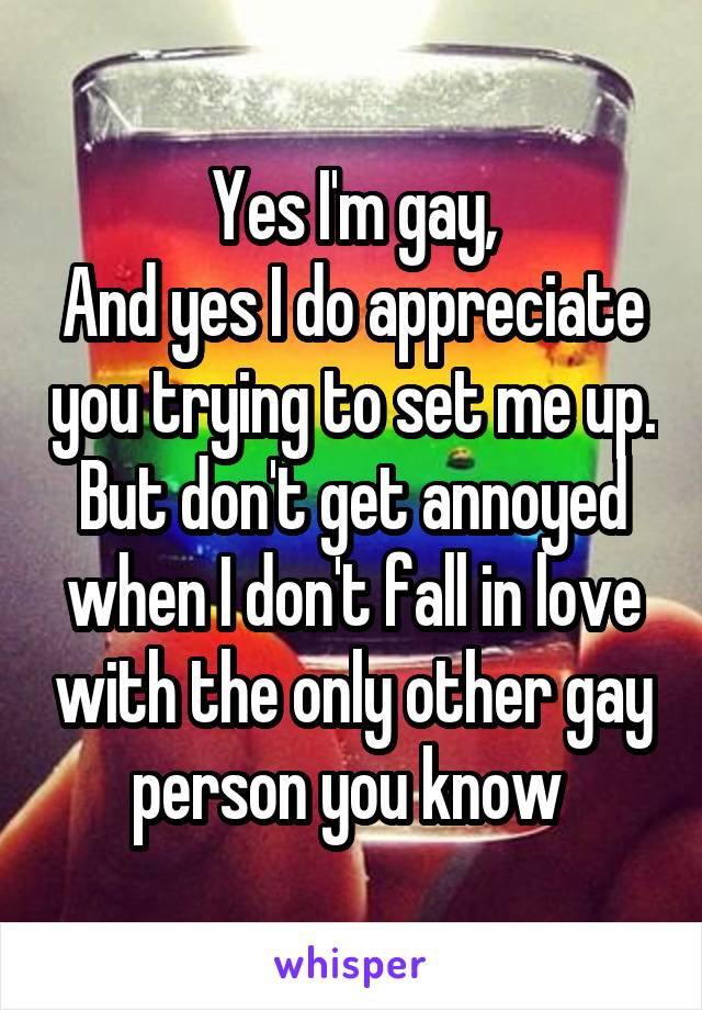 Yes I'm gay,
And yes I do appreciate you trying to set me up. But don't get annoyed when I don't fall in love with the only other gay person you know 