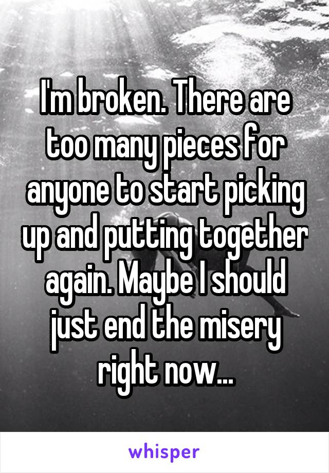 I'm broken. There are too many pieces for anyone to start picking up and putting together again. Maybe I should just end the misery right now...