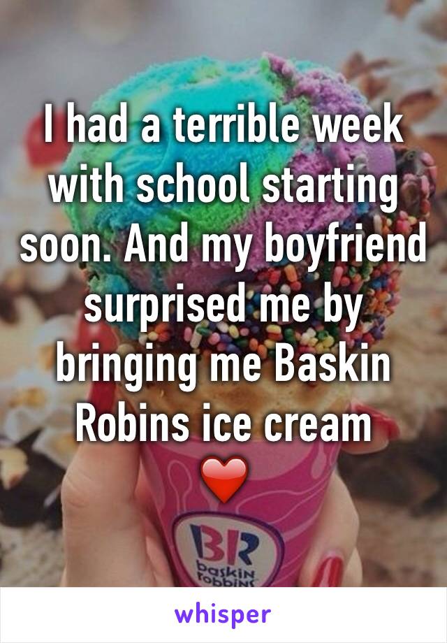 I had a terrible week with school starting soon. And my boyfriend surprised me by bringing me Baskin Robins ice cream
❤️
