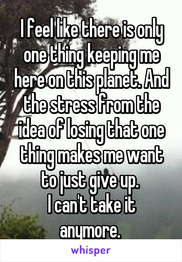 I feel like there is only one thing keeping me here on this planet. And the stress from the idea of losing that one thing makes me want to just give up. 
I can't take it anymore. 