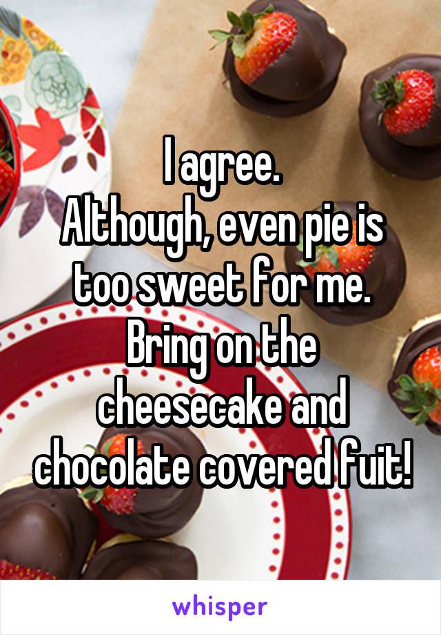 I agree.
Although, even pie is too sweet for me.
Bring on the cheesecake and chocolate covered fuit!