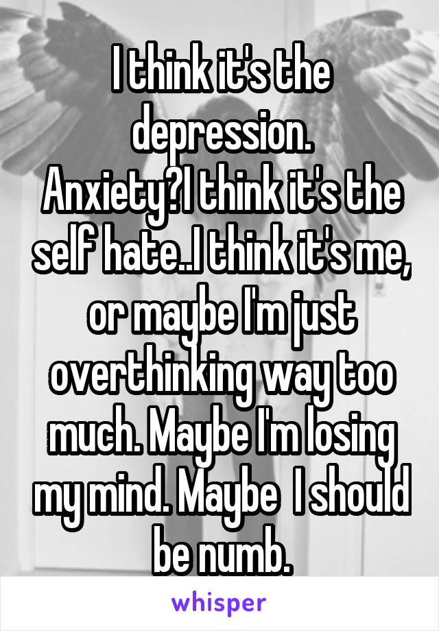 I think it's the depression.
Anxiety?I think it's the self hate..I think it's me, or maybe I'm just overthinking way too much. Maybe I'm losing my mind. Maybe  I should be numb.