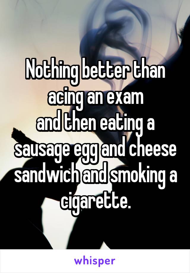 Nothing better than acing an exam
and then eating a sausage egg and cheese sandwich and smoking a cigarette.