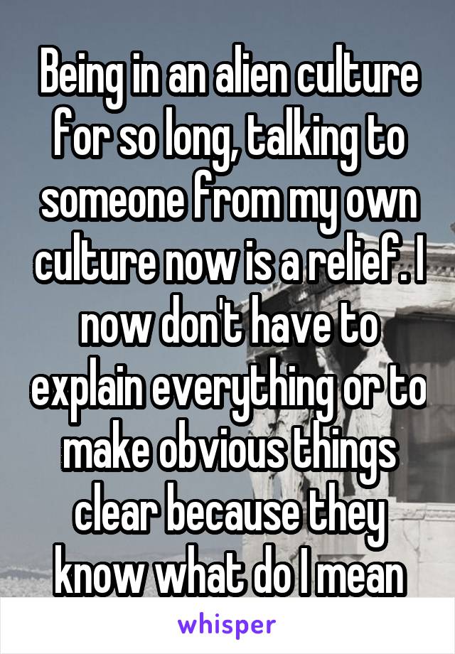 Being in an alien culture for so long, talking to someone from my own culture now is a relief. I now don't have to explain everything or to make obvious things clear because they know what do I mean