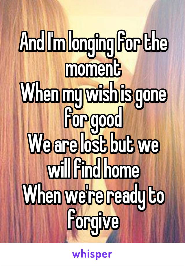 And I'm longing for the moment
When my wish is gone for good
We are lost but we will find home
When we're ready to forgive