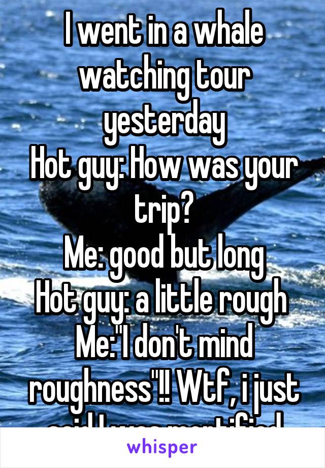 I went in a whale watching tour yesterday
Hot guy: How was your trip?
Me: good but long
Hot guy: a little rough 
Me:"I don't mind roughness"!! Wtf, i just said,I was mortified