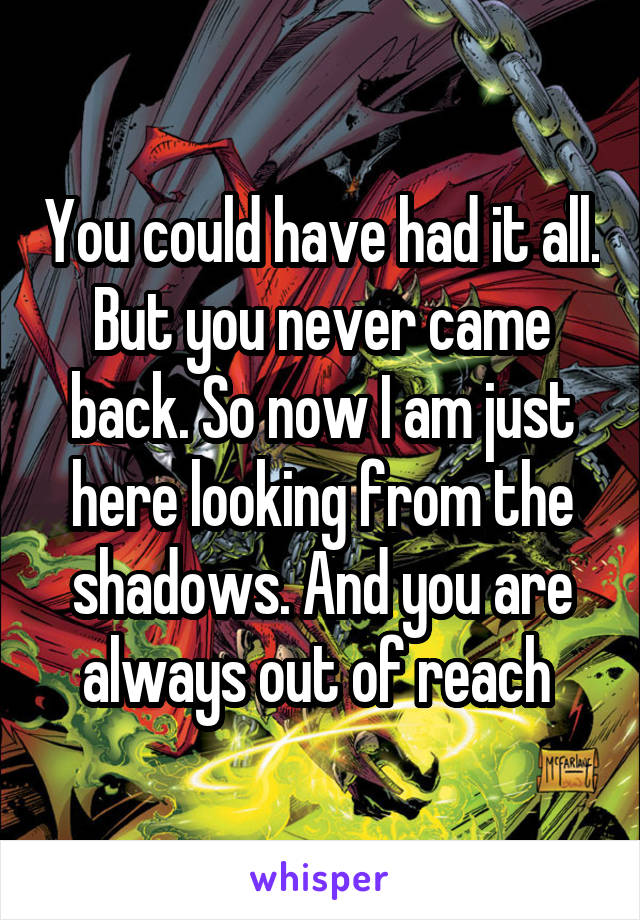 You could have had it all. But you never came back. So now I am just here looking from the shadows. And you are always out of reach 