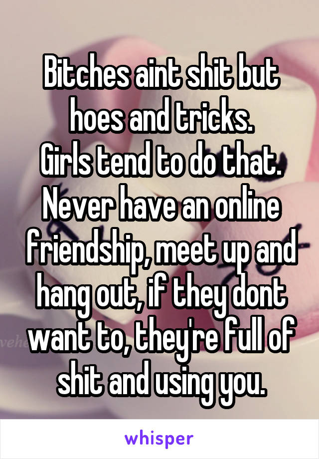 Bitches aint shit but hoes and tricks.
Girls tend to do that. Never have an online friendship, meet up and hang out, if they dont want to, they're full of shit and using you.