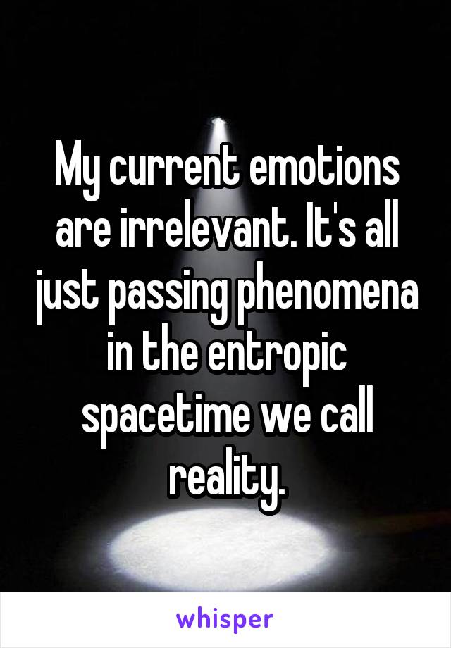 My current emotions are irrelevant. It's all just passing phenomena in the entropic spacetime we call reality.