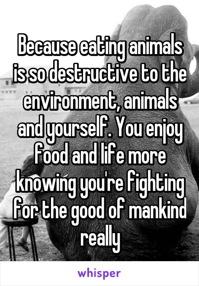 Because eating animals is so destructive to the environment, animals and yourself. You enjoy food and life more knowing you're fighting for the good of mankind really