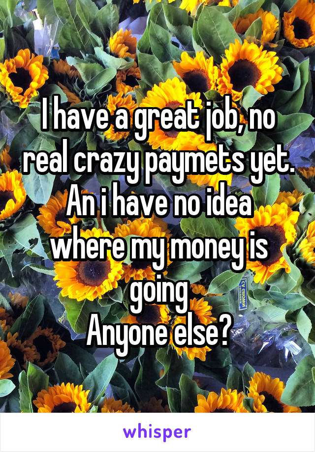 I have a great job, no real crazy paymets yet.
An i have no idea where my money is going
Anyone else?