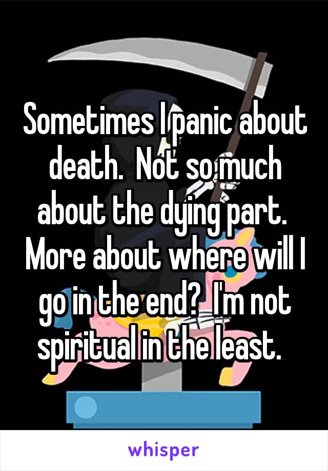 Sometimes I panic about death.  Not so much about the dying part.  More about where will I go in the end?  I'm not spiritual in the least.  