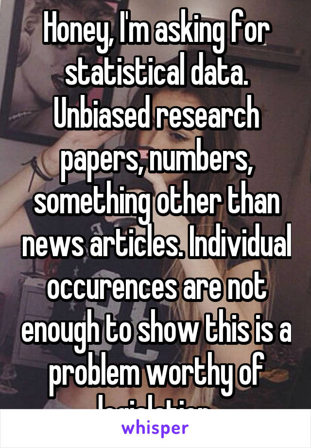 Honey, I'm asking for statistical data. Unbiased research papers, numbers, something other than news articles. Individual occurences are not enough to show this is a problem worthy of legislation.