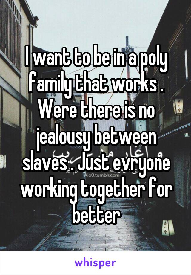 I want to be in a poly family that works . Were there is no jealousy between slaves . Just evryone working together for better