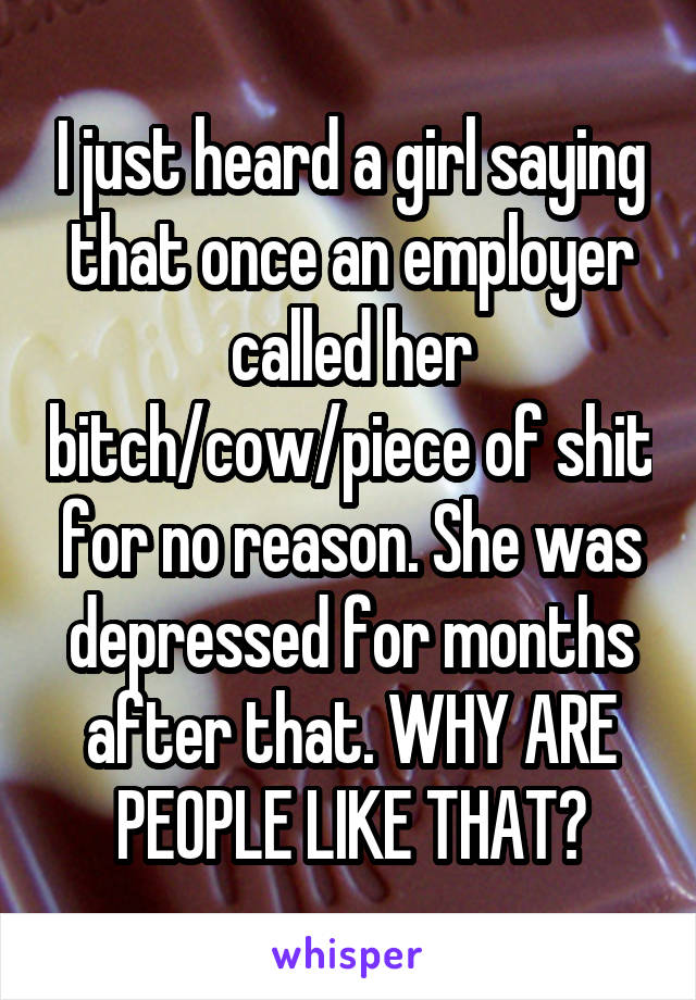 I just heard a girl saying that once an employer called her bitch/cow/piece of shit for no reason. She was depressed for months after that. WHY ARE PEOPLE LIKE THAT?