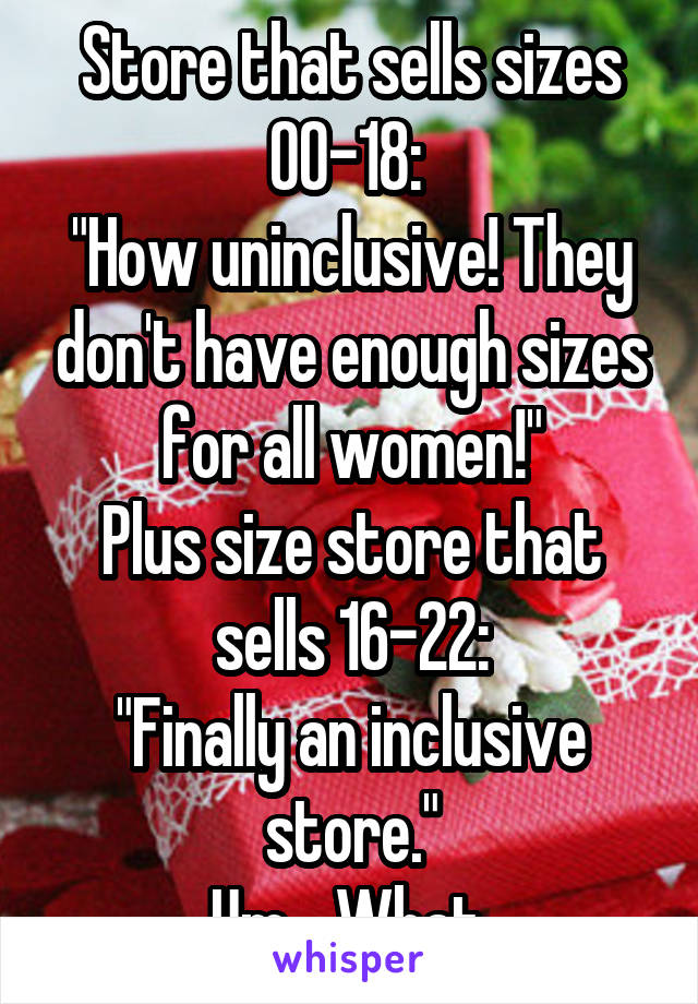 Store that sells sizes 00-18: 
"How uninclusive! They don't have enough sizes for all women!"
Plus size store that sells 16-22:
"Finally an inclusive store."
Um... What.