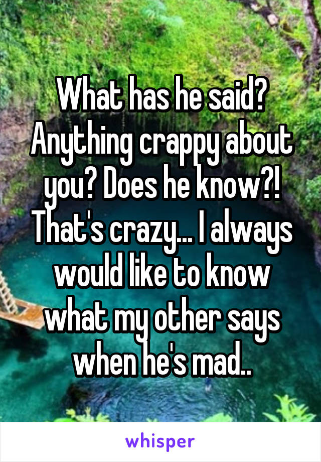 What has he said? Anything crappy about you? Does he know?! That's crazy... I always would like to know what my other says when he's mad..