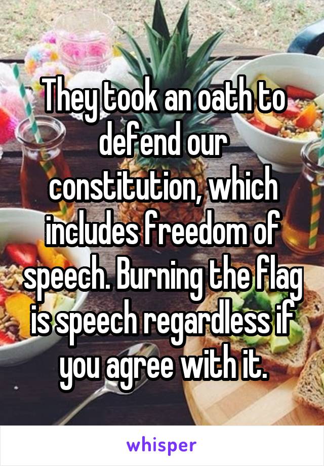 They took an oath to defend our constitution, which includes freedom of speech. Burning the flag is speech regardless if you agree with it.