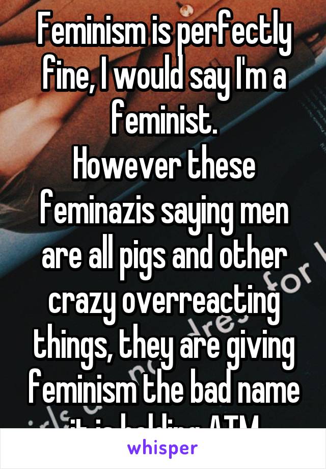 Feminism is perfectly fine, I would say I'm a feminist.
However these feminazis saying men are all pigs and other crazy overreacting things, they are giving feminism the bad name it is holding ATM