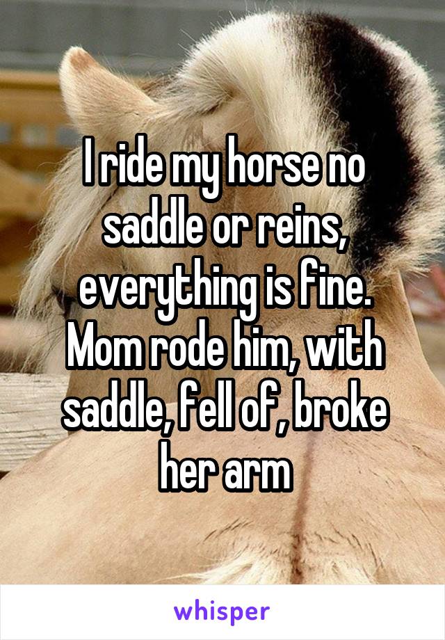 I ride my horse no saddle or reins, everything is fine.
Mom rode him, with saddle, fell of, broke her arm