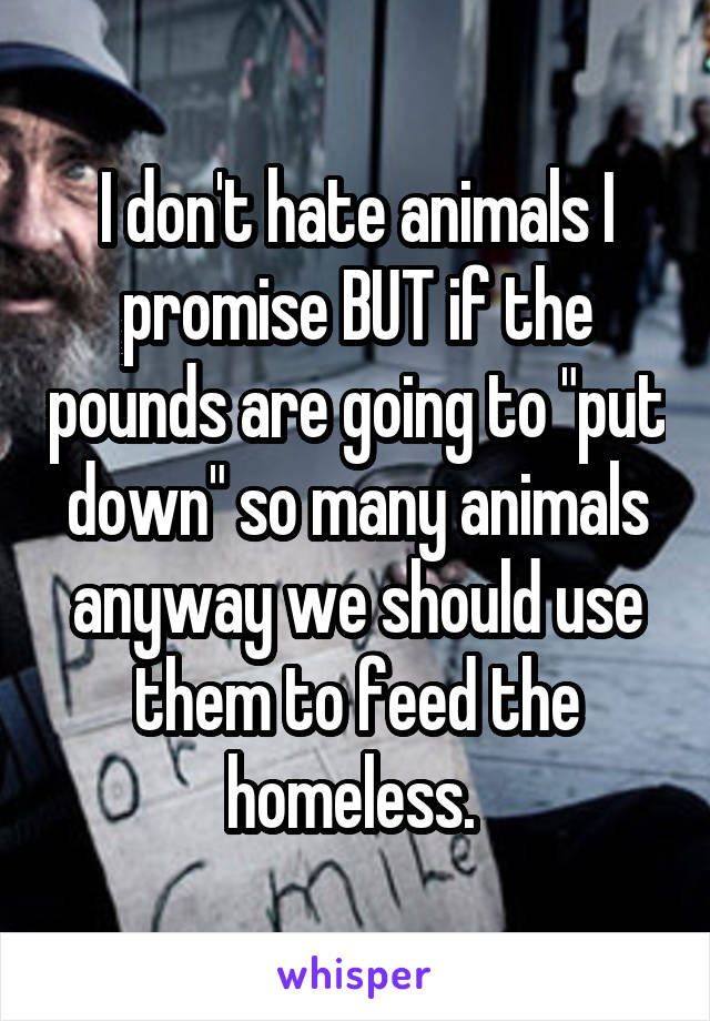 I don't hate animals I promise BUT if the pounds are going to "put down" so many animals anyway we should use them to feed the homeless. 